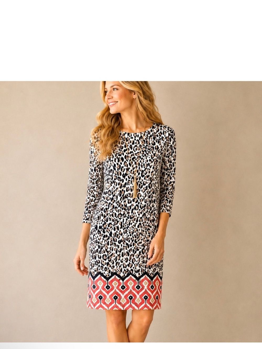 Chico's Leopard Print Tunic with Red Geometric Border Size 1
